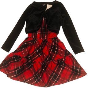 KIDS Girls Zunie Holiday 2 Piece Red Plaid Dress Bolero Black Velour Jac…